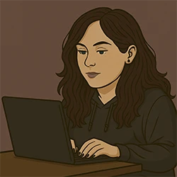 Cartoon avatar of Jaime Briquelet at a laptop. She has long, dark wavy hair and wears a black hooded sweatshirt.
